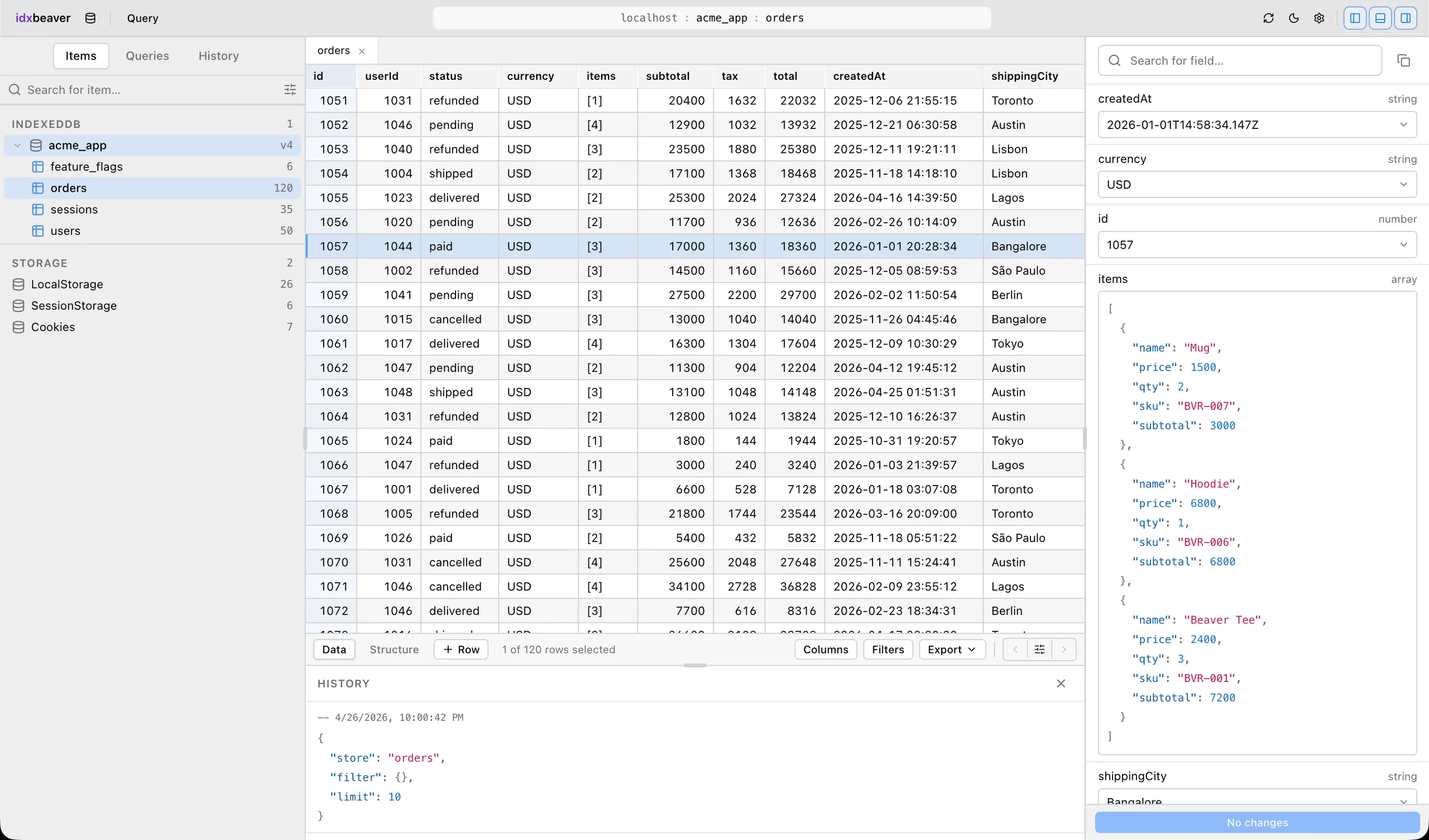 IdxBeaver dark theme, IndexedDB grid view in Chrome DevTools