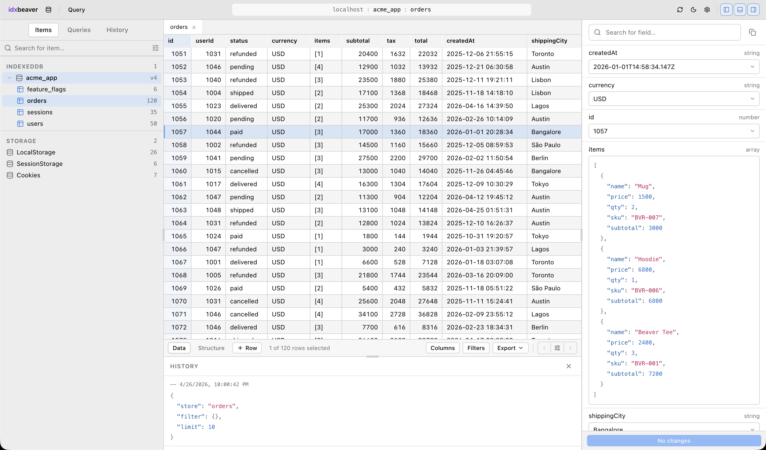 IdxBeaver · dark theme — IndexedDB grid view in Chrome DevTools