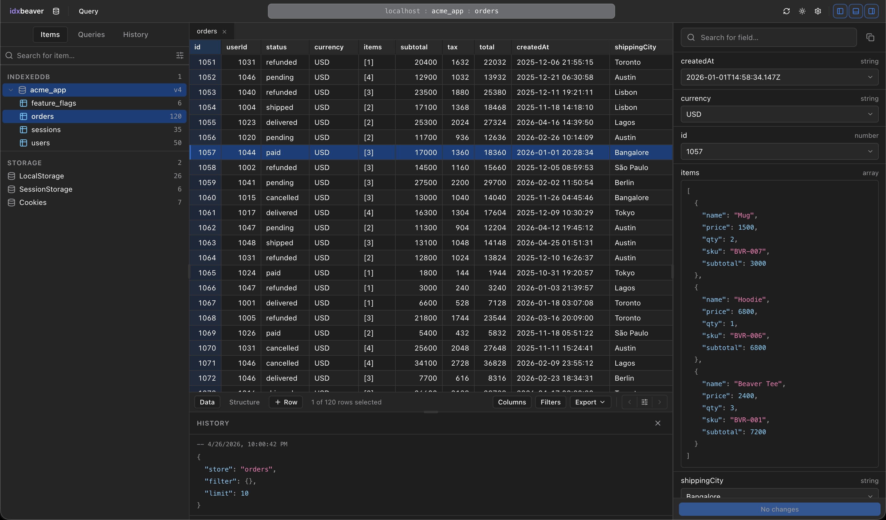 IdxBeaver · light theme — IndexedDB grid view in Chrome DevTools