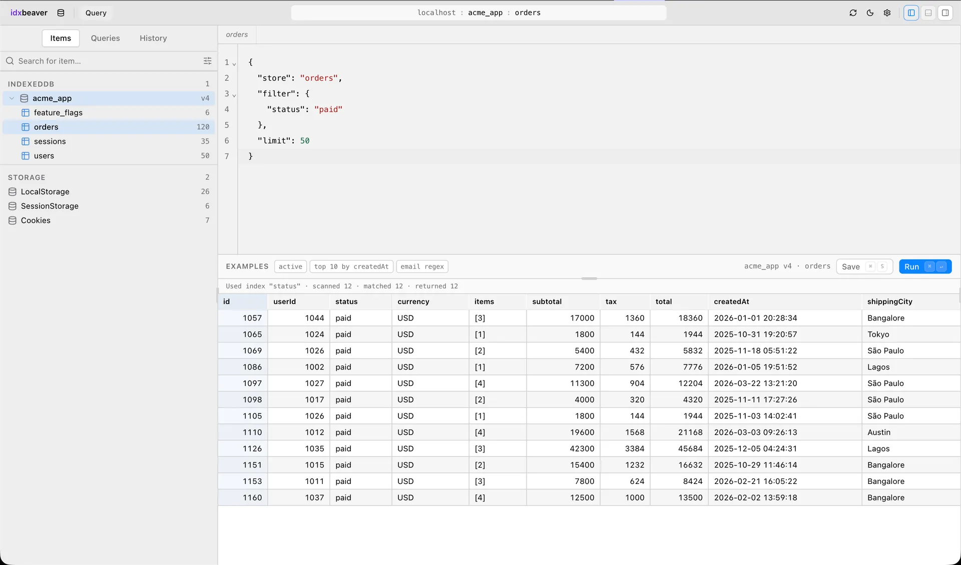The IdxBeaver query editor running a MongoDB-style filter against an IndexedDB object store, with the chosen query plan displayed next to the results